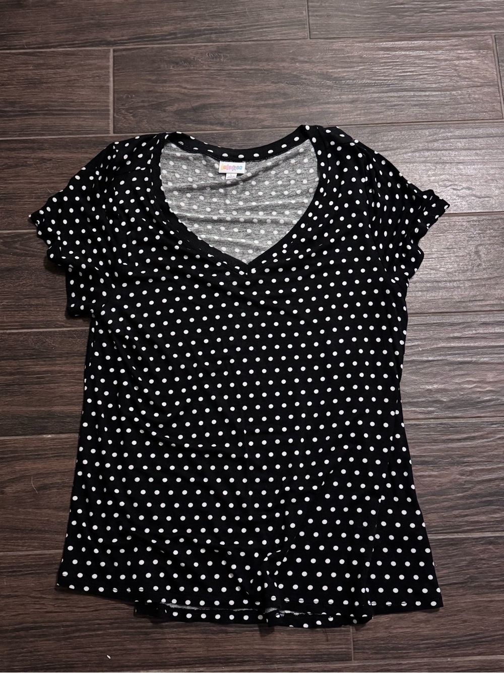 LuLaRoe Black Short Sleeve V-Neck Top with White Polka Dots
